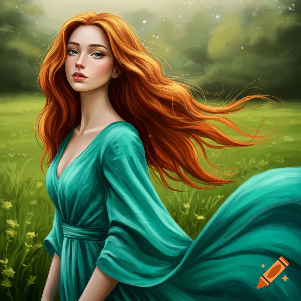 A woman with long red hair and a green dress stands in a grassy field.
