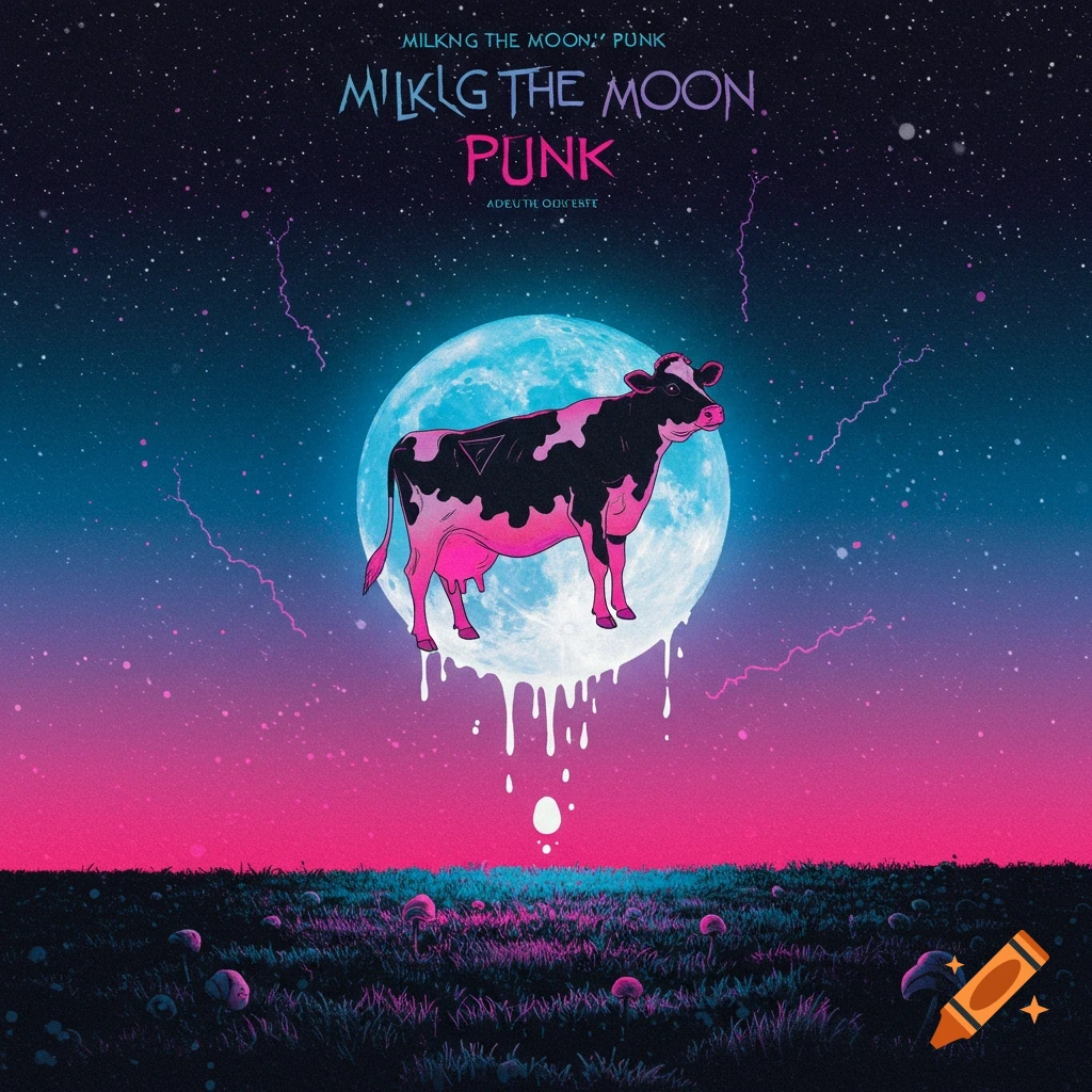 A cow standing on the moon above a field, album art style.