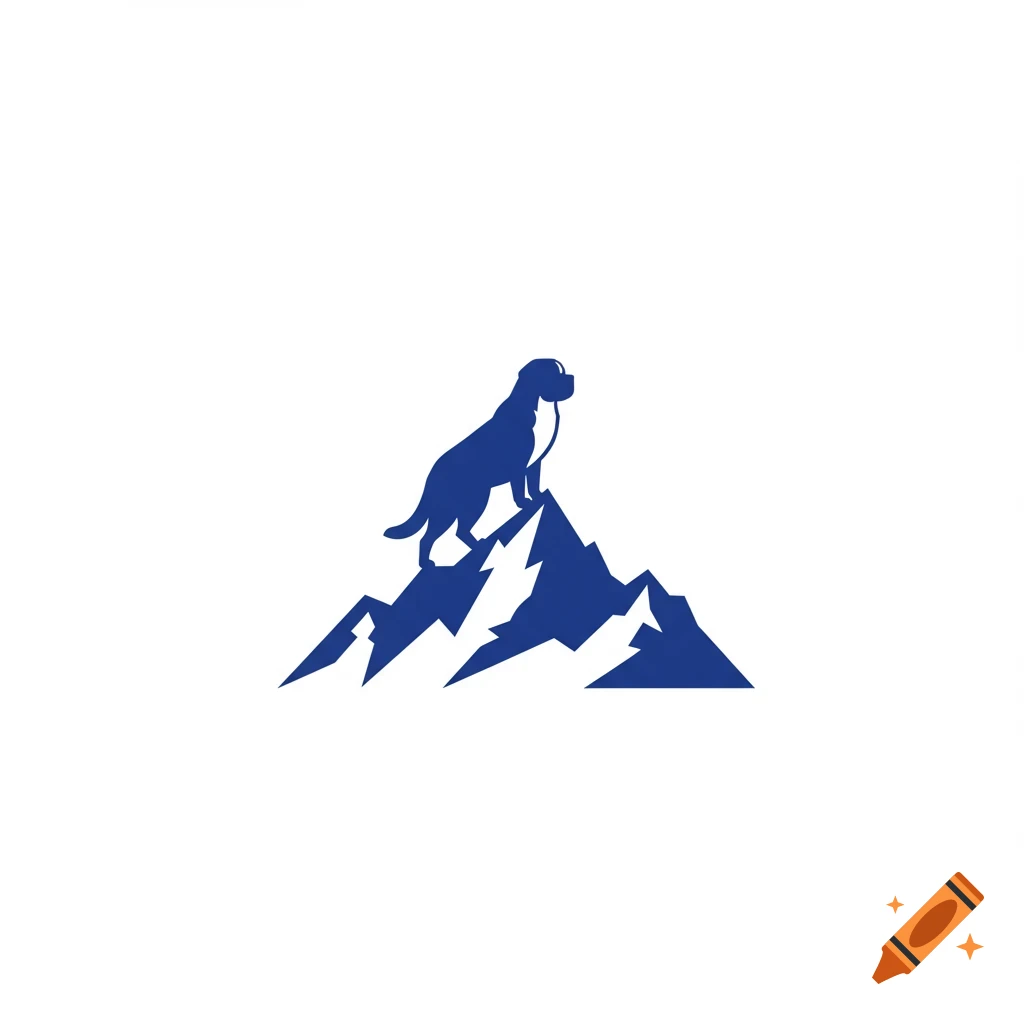 Blue silhouette logo of a dog standing on a mountain peak.