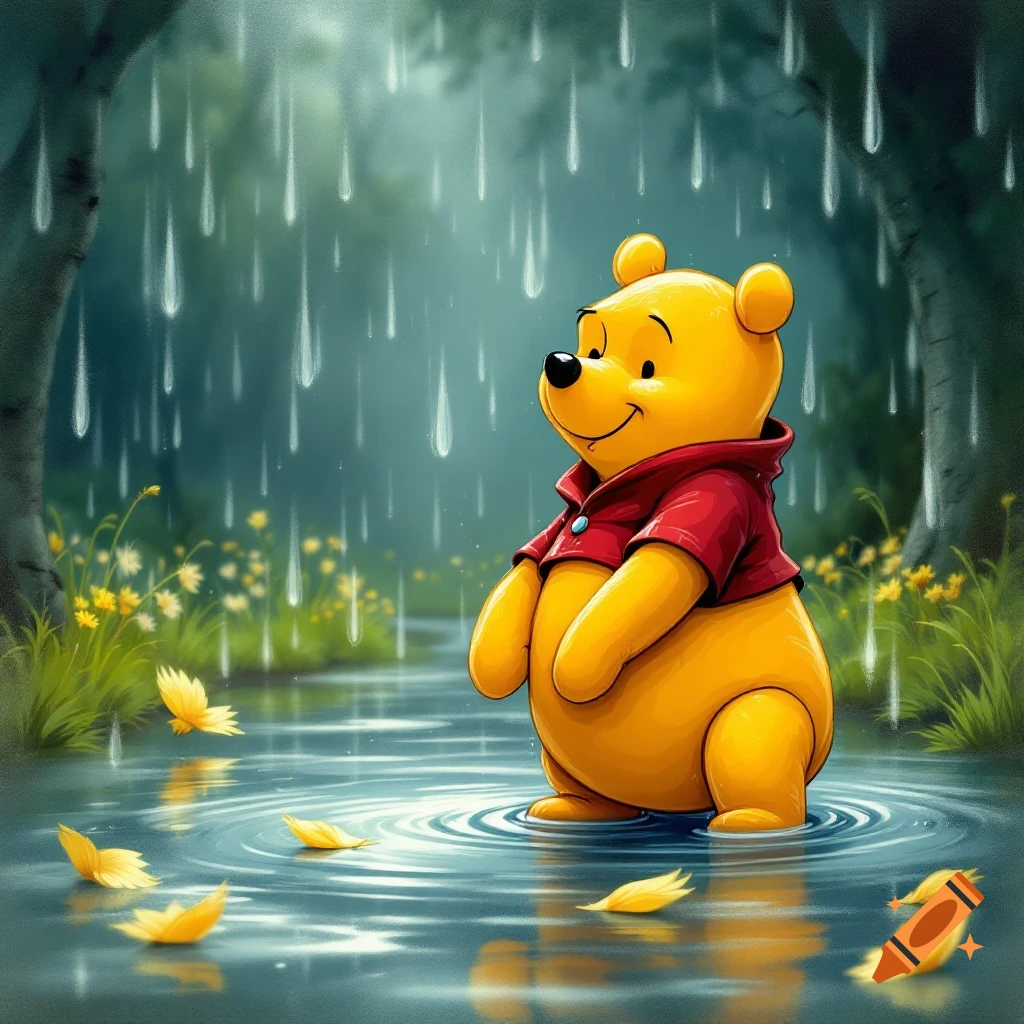 Winnie the Pooh stands in a puddle in the rain with falling leaves.