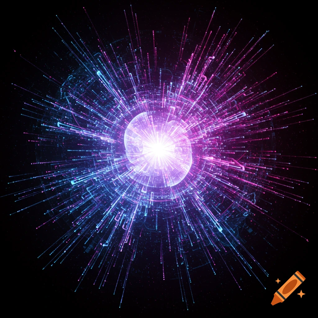 Abstract image of a central light burst with radiating blue and purple streaks and particles.