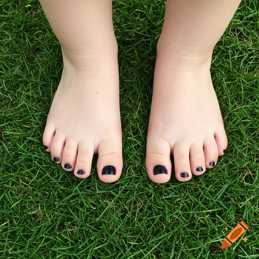Feet with black nail polish on grass.