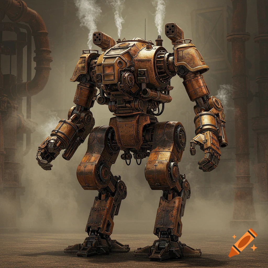 A steampunk military robot standing in an industrial setting.