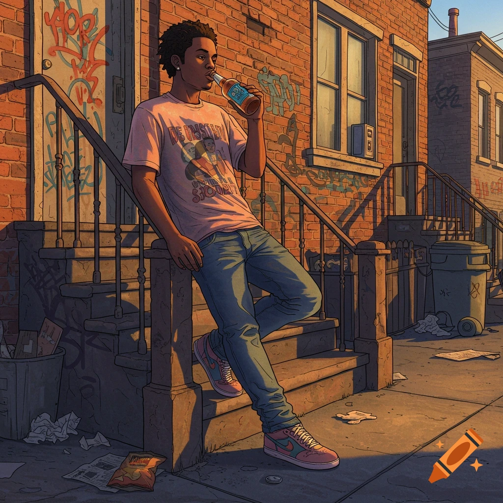 A young man leans on a stoop, drinking from a bottle in an urban setting with graffiti.