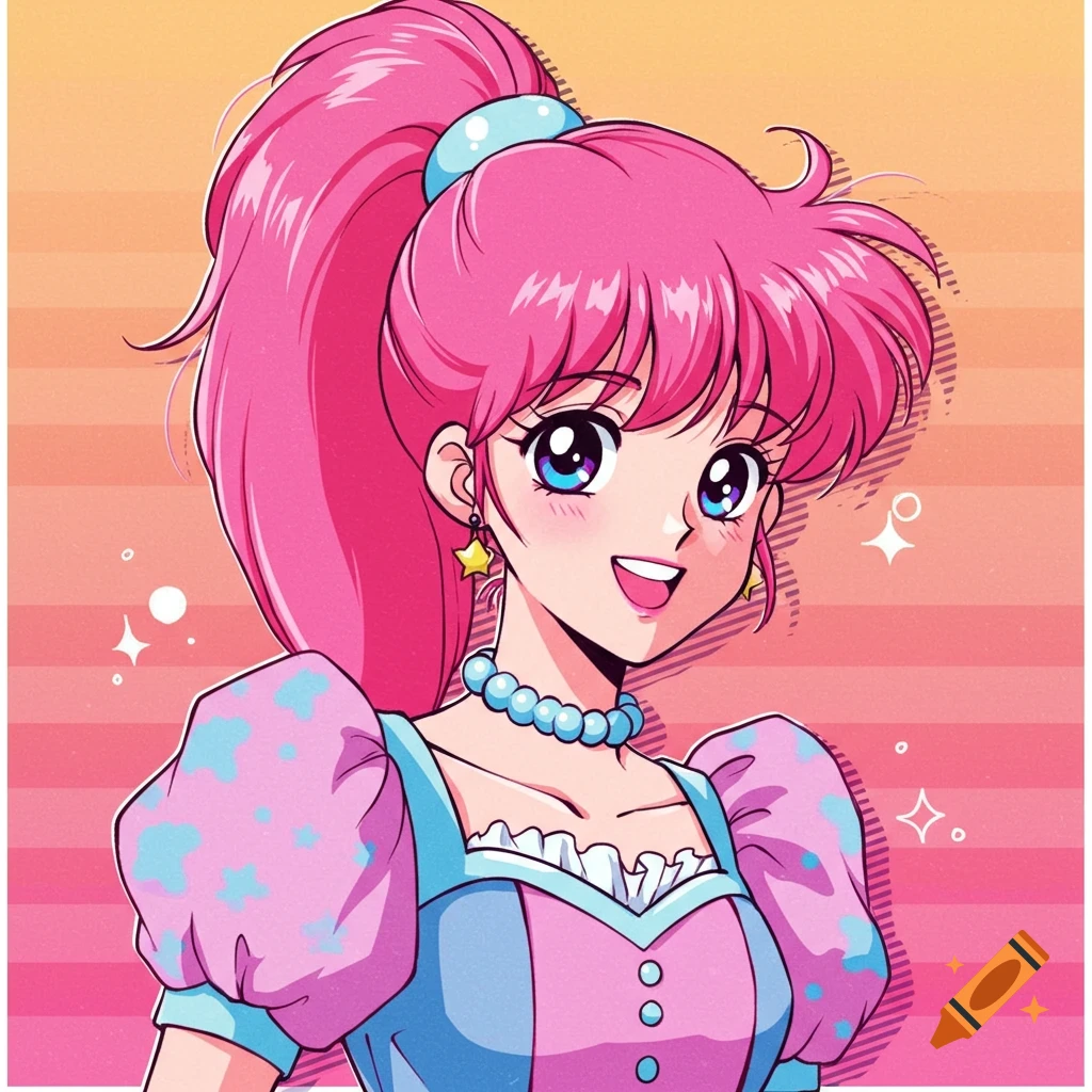 Retro 80's anime portrait of a girl with pink hair in a high ponytail wearing a blue and pink dress and bead necklace.