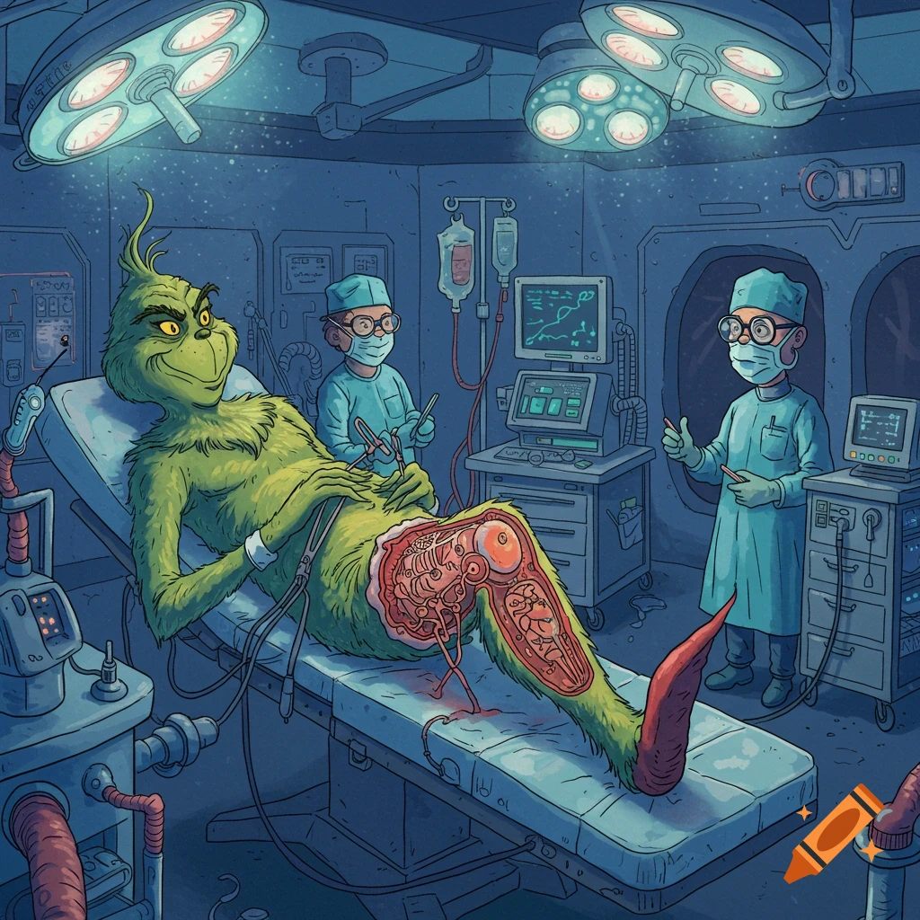 Cartoon Grinch-like creature undergoing surgery by two doctors in an operating room.