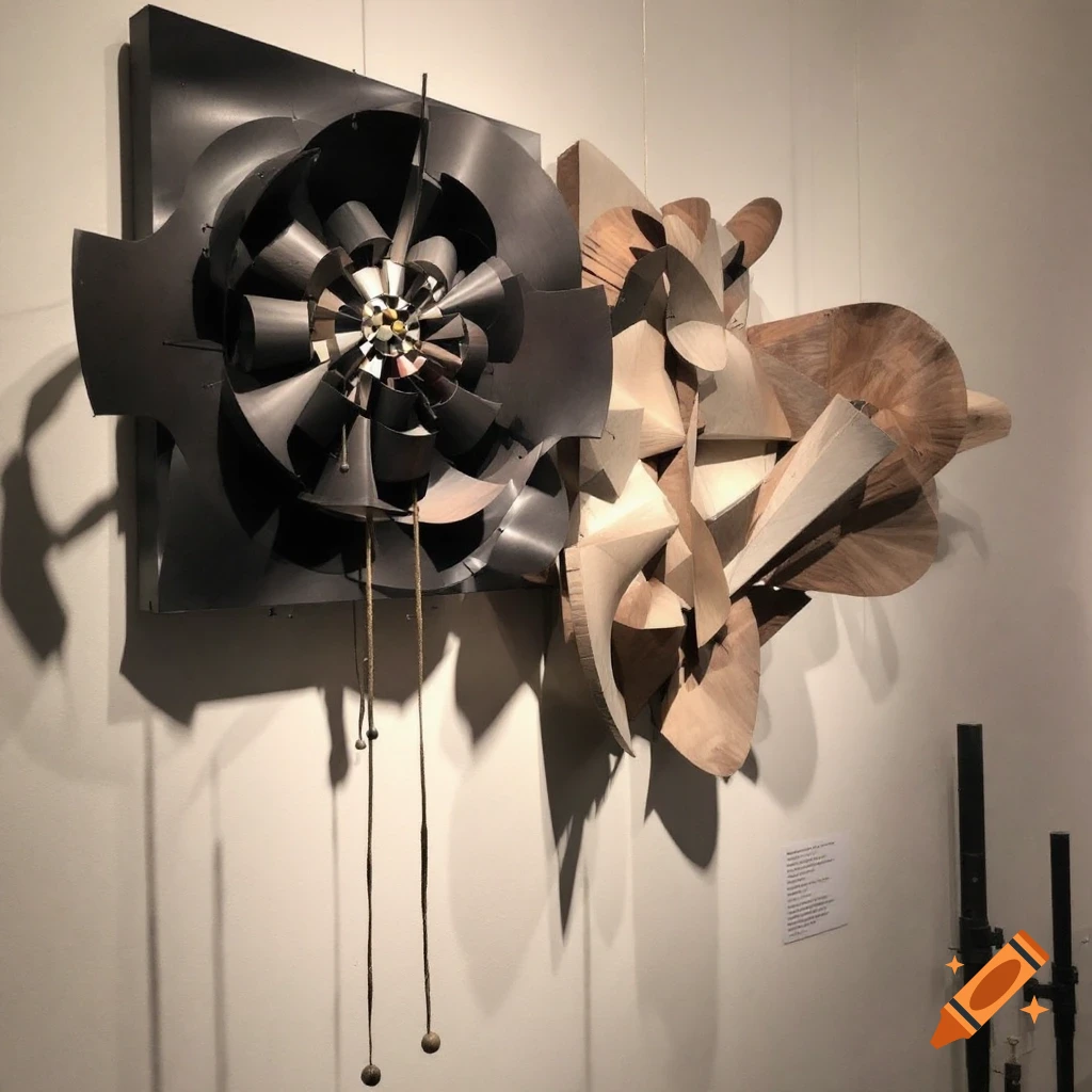 Abstract sculptures made of metal and wood hanging on a white wall in a gallery.