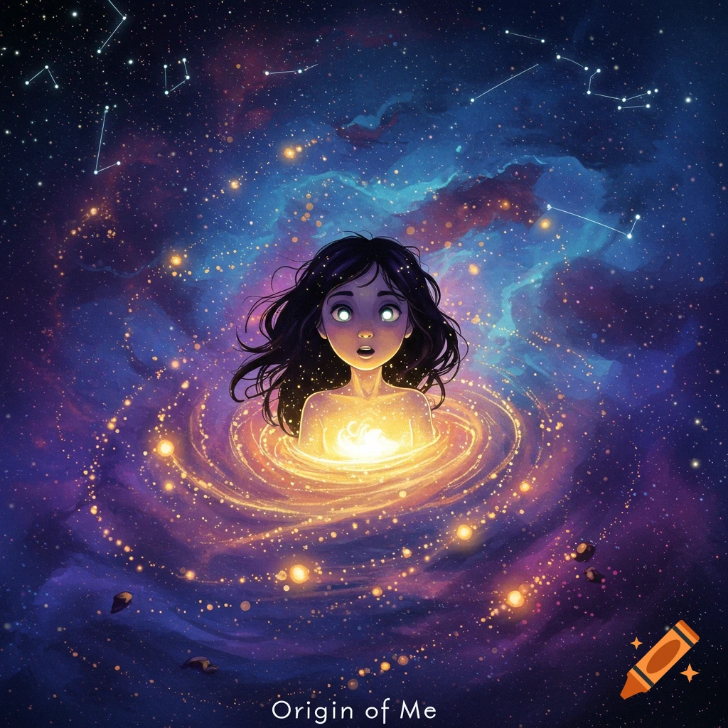 A woman emerges from a galaxy, her eyes and chest glowing. Text: Origin of Me.