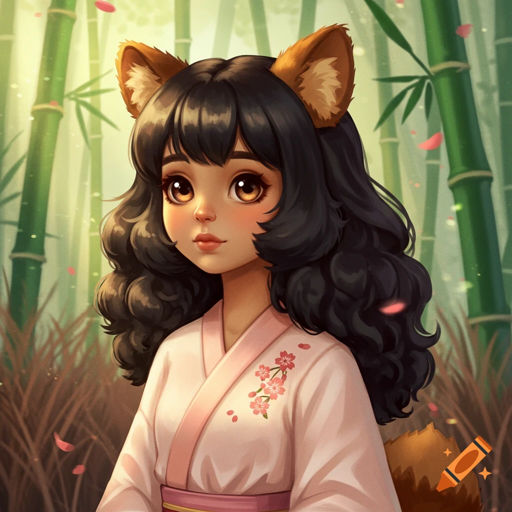 A tanuki human hybrid girl in a pink kimono in a bamboo forest.