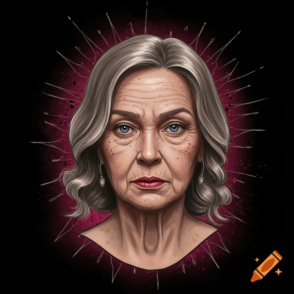 Painting of an older woman with blue eyes, grey hair, red lips, and a radiating pattern.
