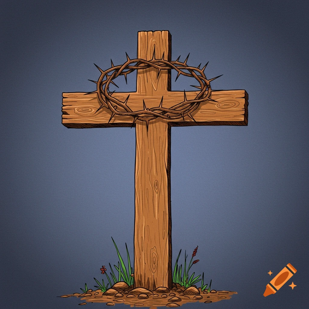 Digital illustration of a wooden cross with a crown of thorns at its base.
