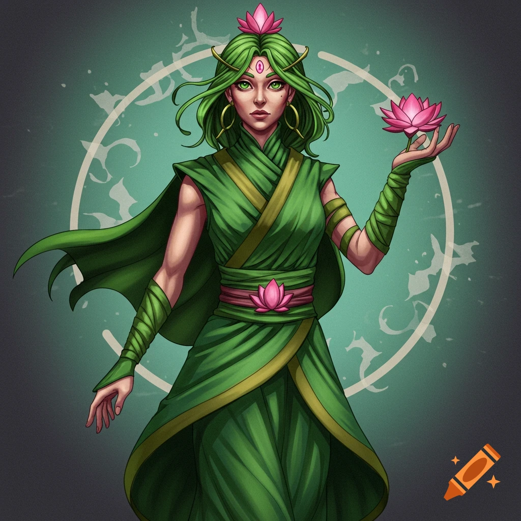 A female character in green robes holding a pink lotus flower.