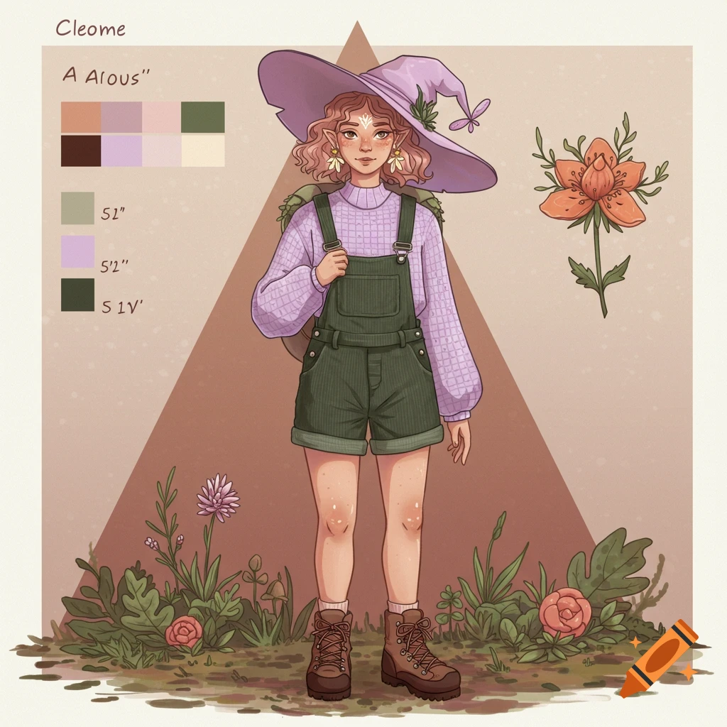 A young fantasy character in overalls and a witch hat, standing in a forest setting. A color palette and character name are to the left.