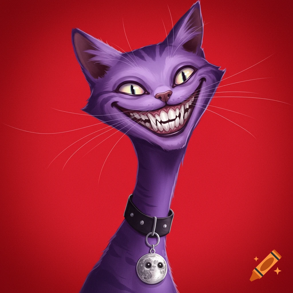 A tall purple cat with a wide grin, wearing a collar with a moon pendant, against a red background.
