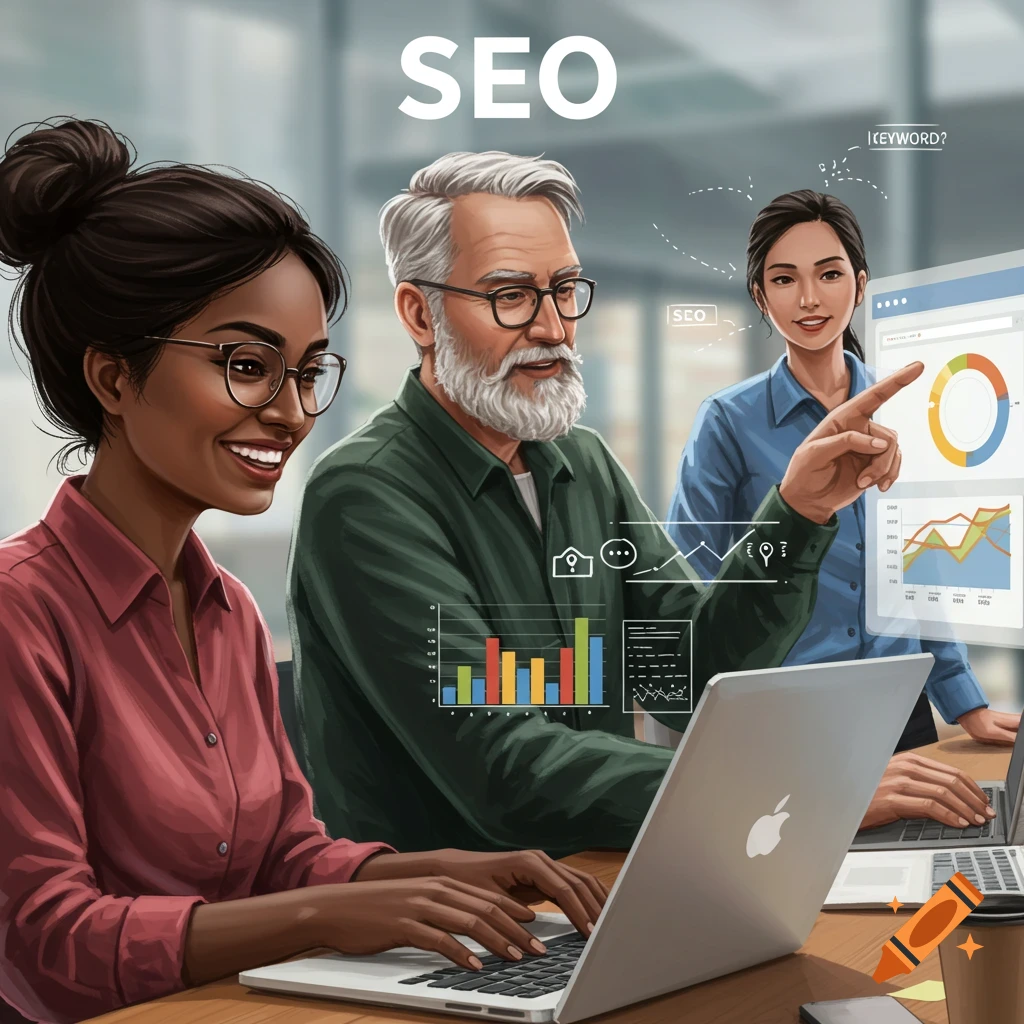 Three people working on laptops with charts and diagrams, discussing SEO.