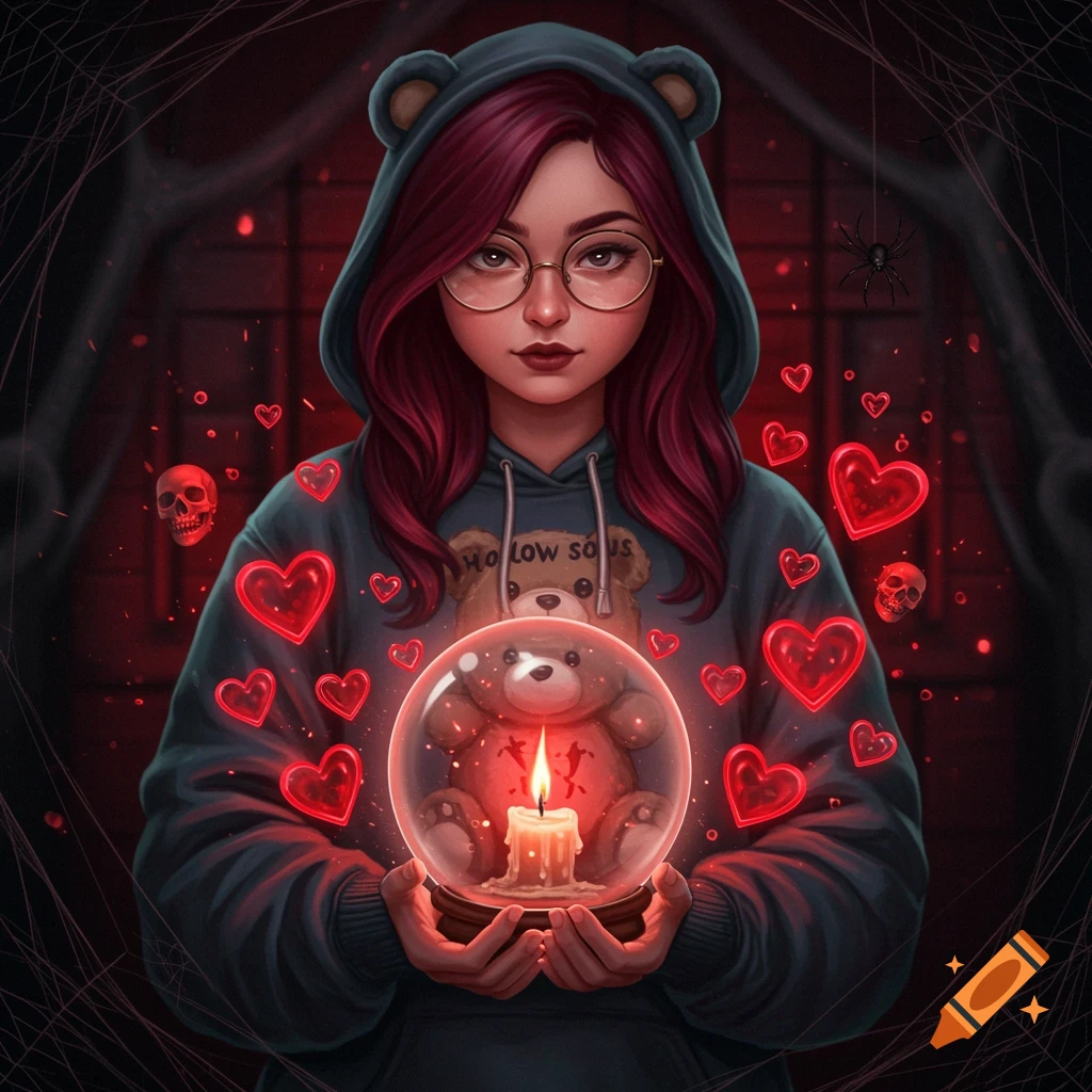A young woman with red hair and glasses in a hoodie with bear ears holds a glowing crystal ball surrounded by red hearts and skulls in a dark, spooky setting.
