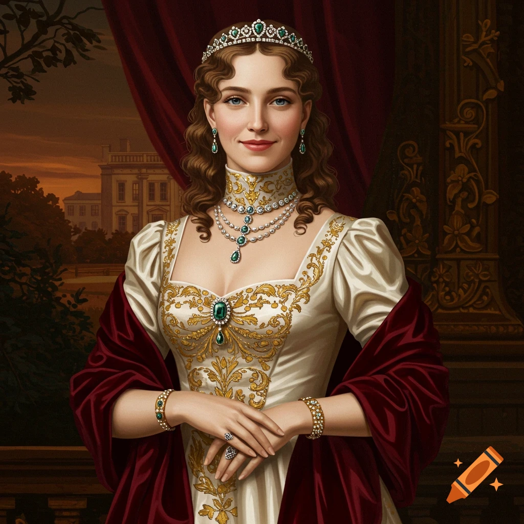 Woman in historical clothing with tiara and jewelry