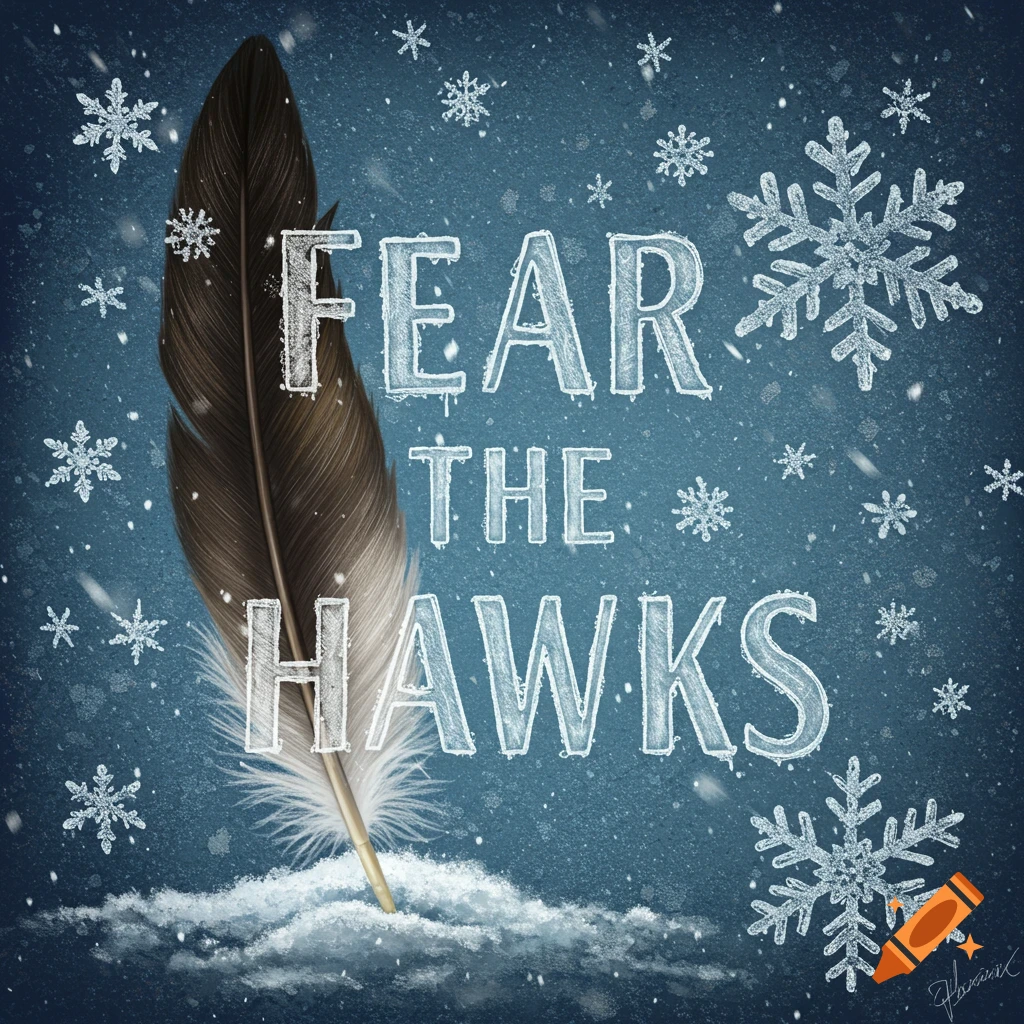 A feather in snow with snowflakes and the text Fear the Hawks.