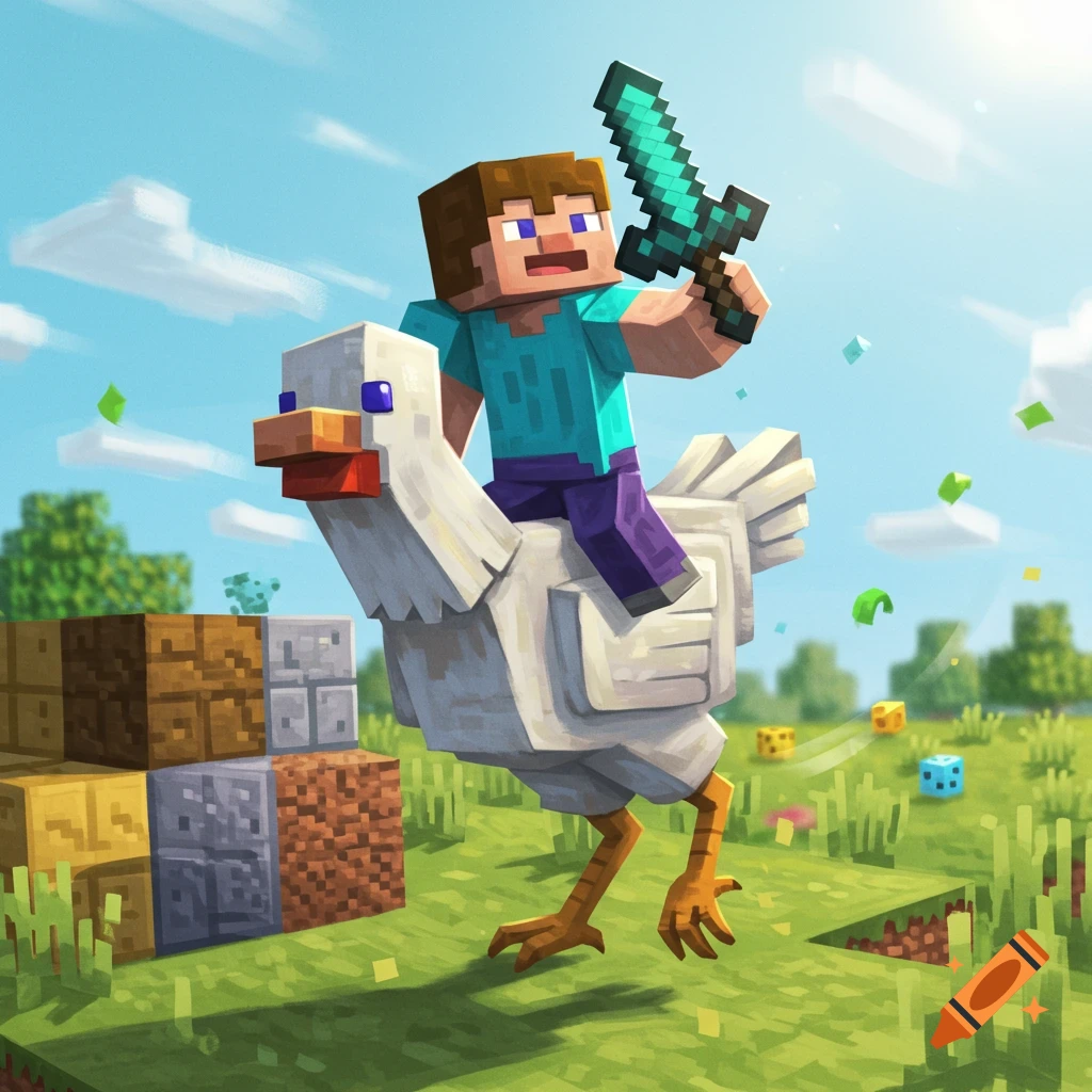 A Minecraft character rides a chicken, holding a diamond sword, in a blocky grassy field with building blocks.