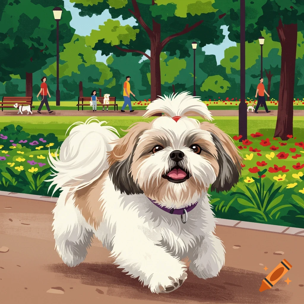 A Shih Tzu runs on a park path in a vector graphic illustration.