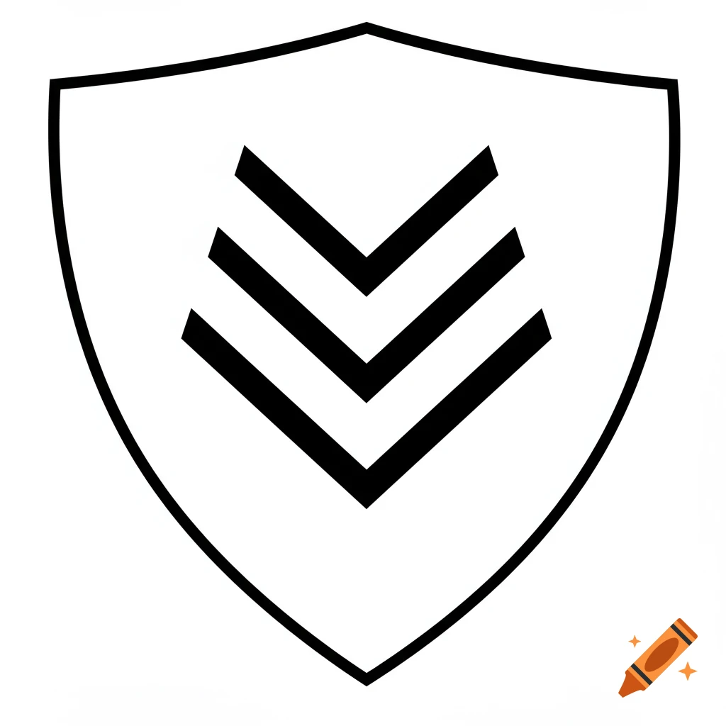 Black and white line art of a shield with three nested chevron symbols inside.