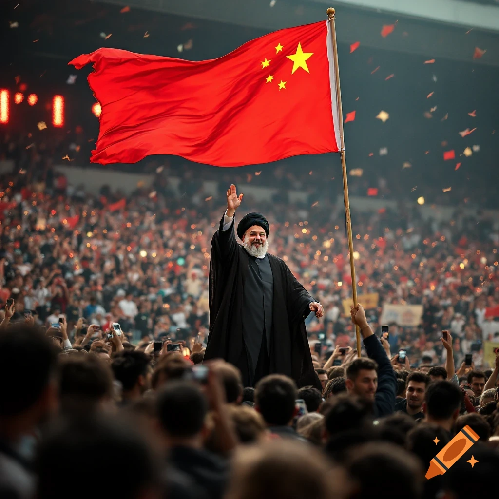 Man resembling Ali Khamenei holds a large Chinese flag in a crowded stadium.