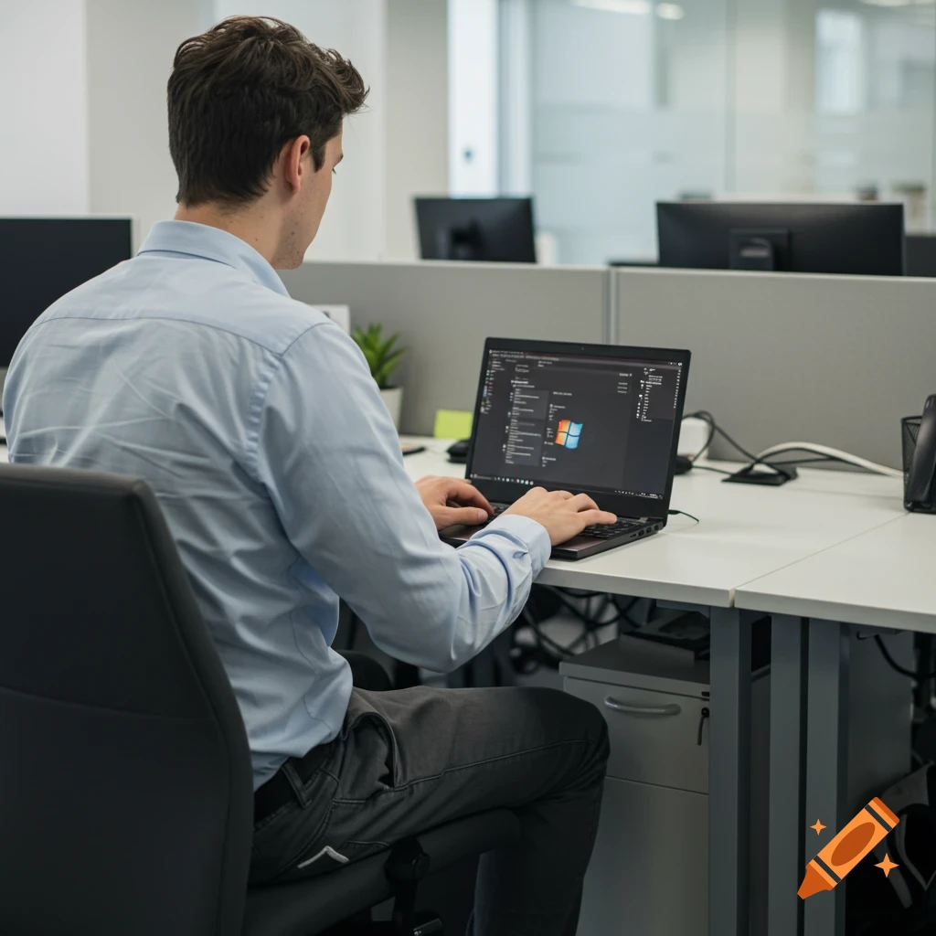 A man in a light blue shirt sits at a desk in an office, typing on a laptop, viewed from behind.