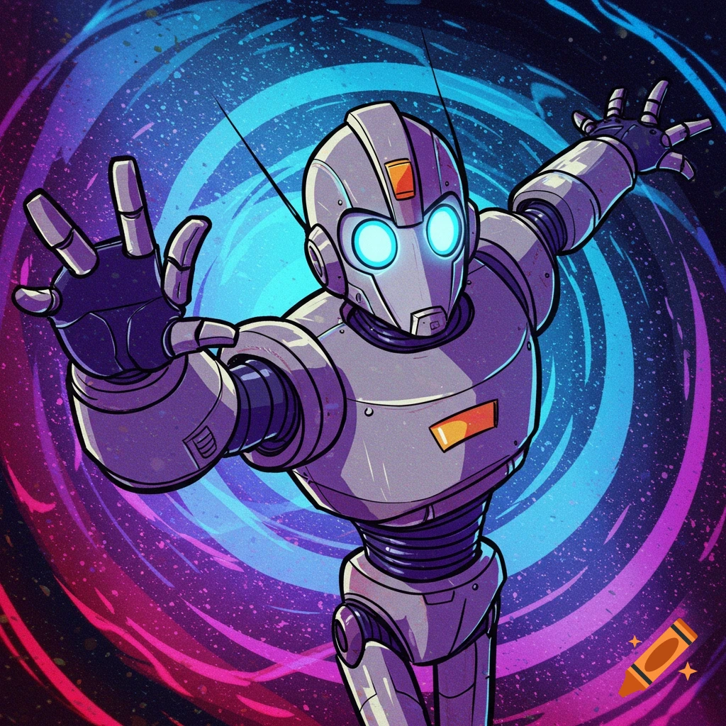A robot reaching out against a swirling blue and purple background.