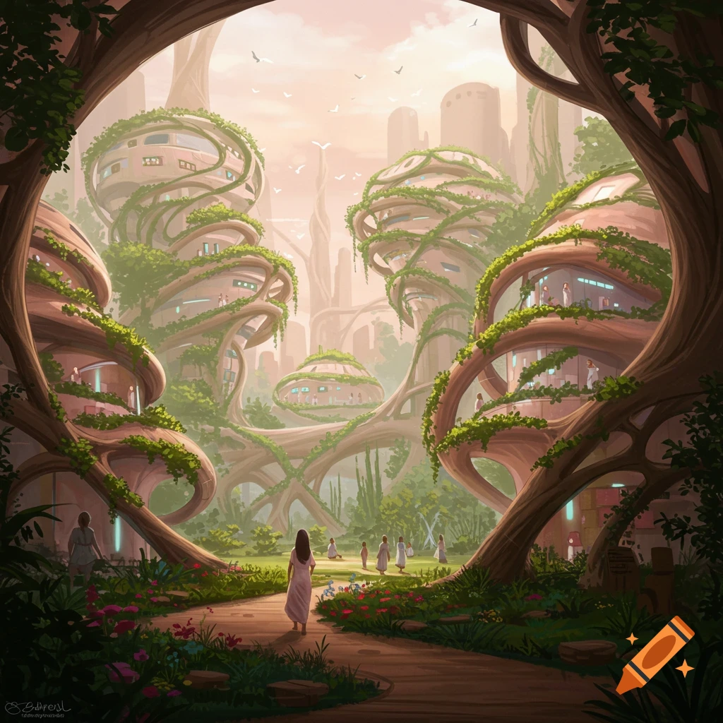 A futuristic city with organic, vine-covered buildings and people in a park.