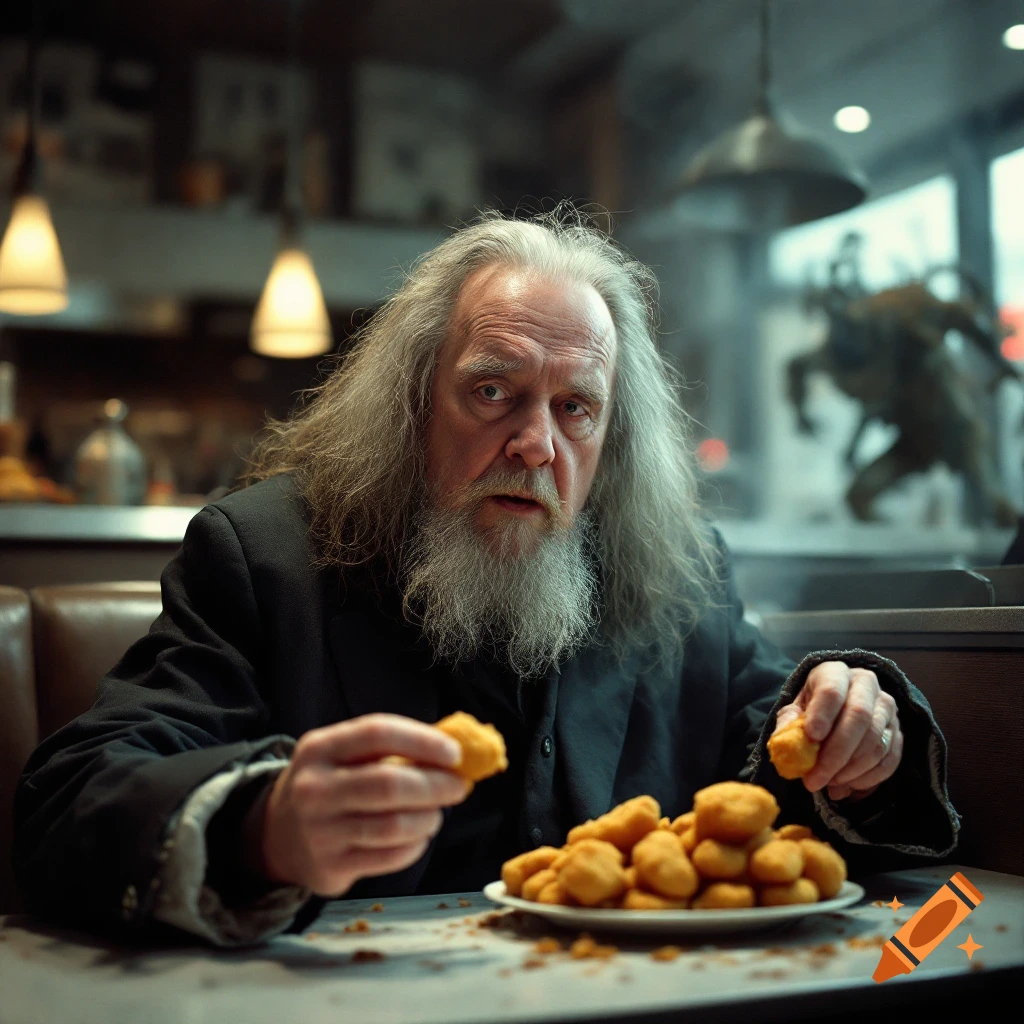An older man with long grey hair eats chicken nuggets in a cinematic, realistic scene with a creature in the background.