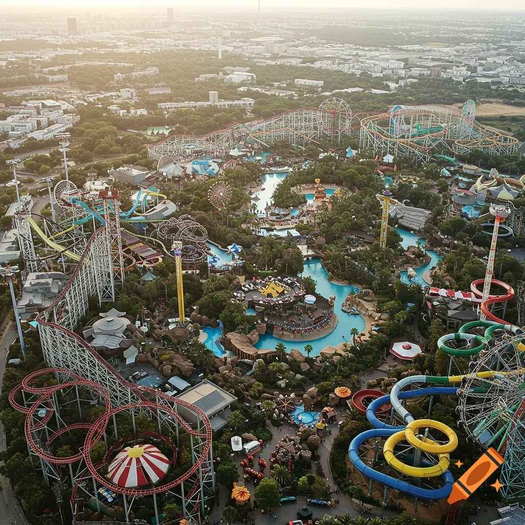 Aerial view of a large, sprawling theme park with multiple roller coasters, water slides, and attractions.