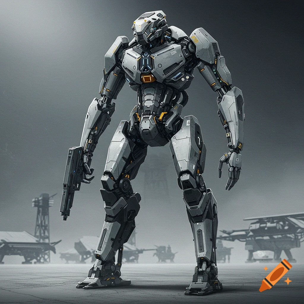 A large, grey and yellow futuristic robot stands holding a rifle in an industrial base.
