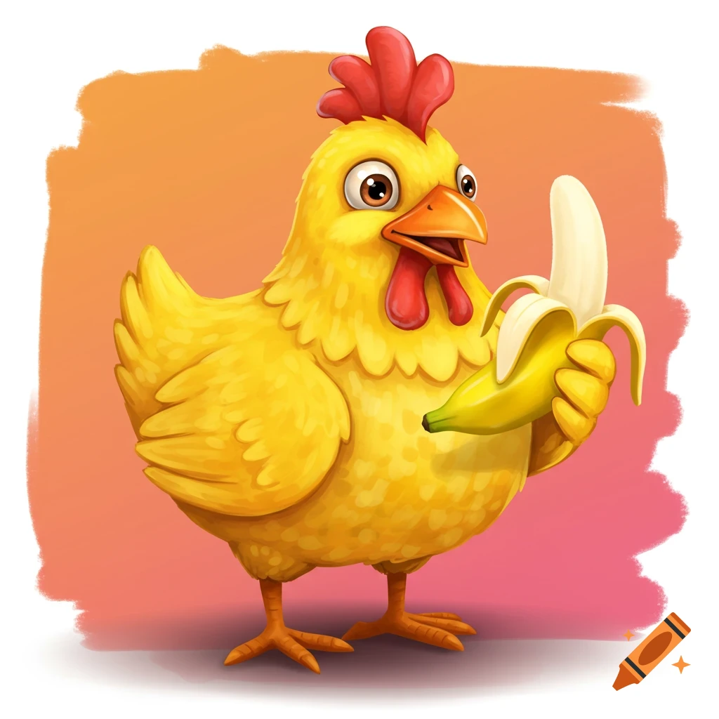 Cartoon chicken holding a peeled banana.