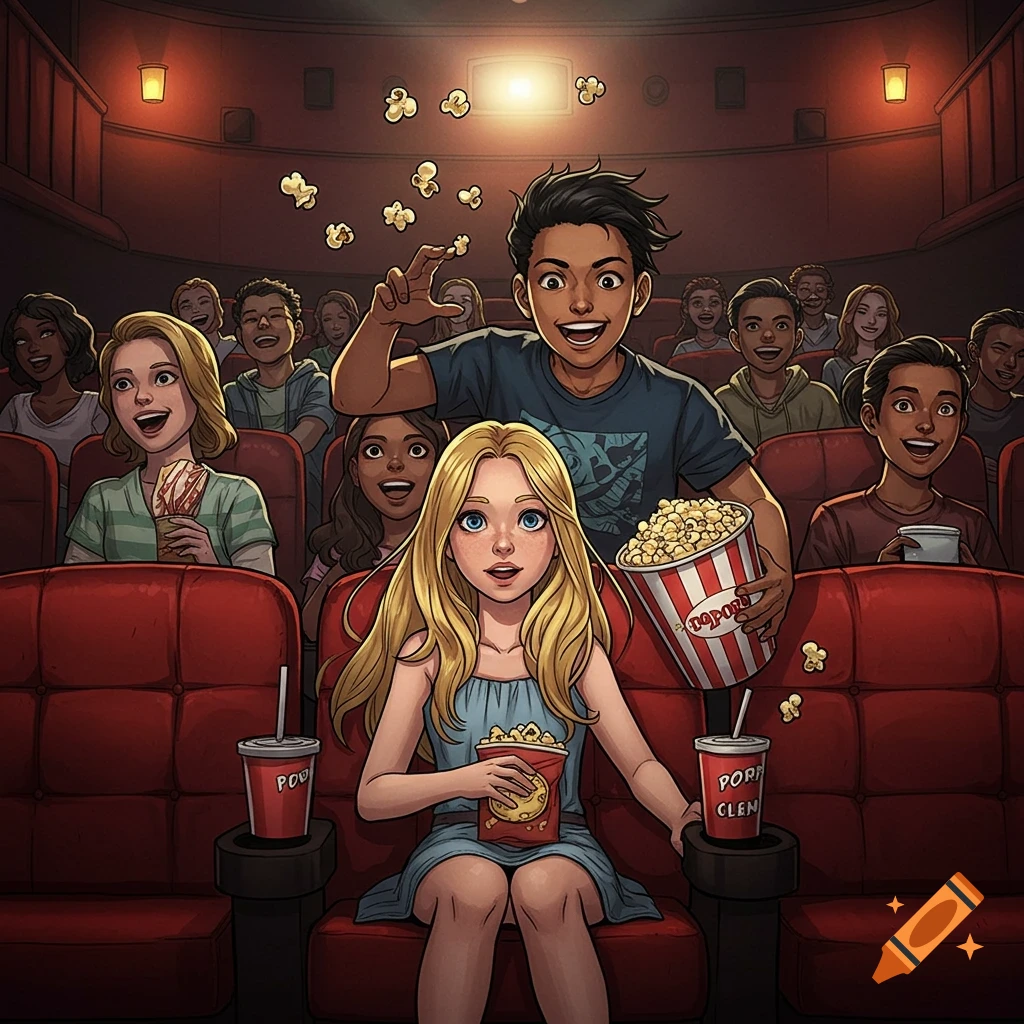 A blonde girl and a guy throwing popcorn in a crowded movie theater.