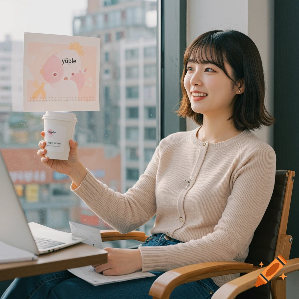 Young woman holding coffee and paper with logo by window with laptop