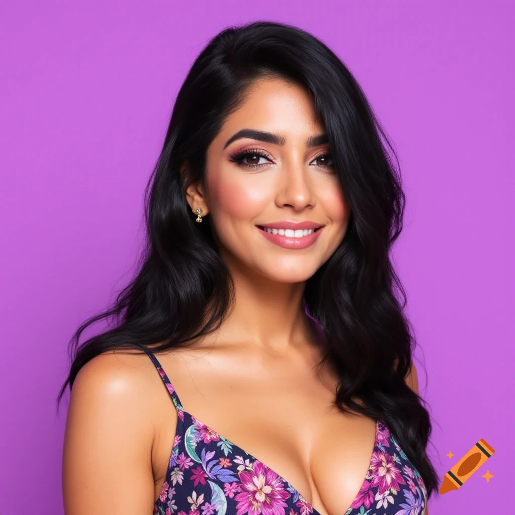 Photorealistic portrait of a smiling woman with long dark hair wearing a floral dress against a purple background.