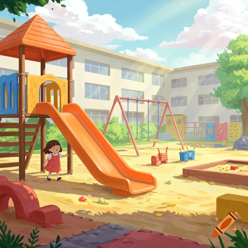 A little girl by a slide in a sunny, colorful kindergarten playground.