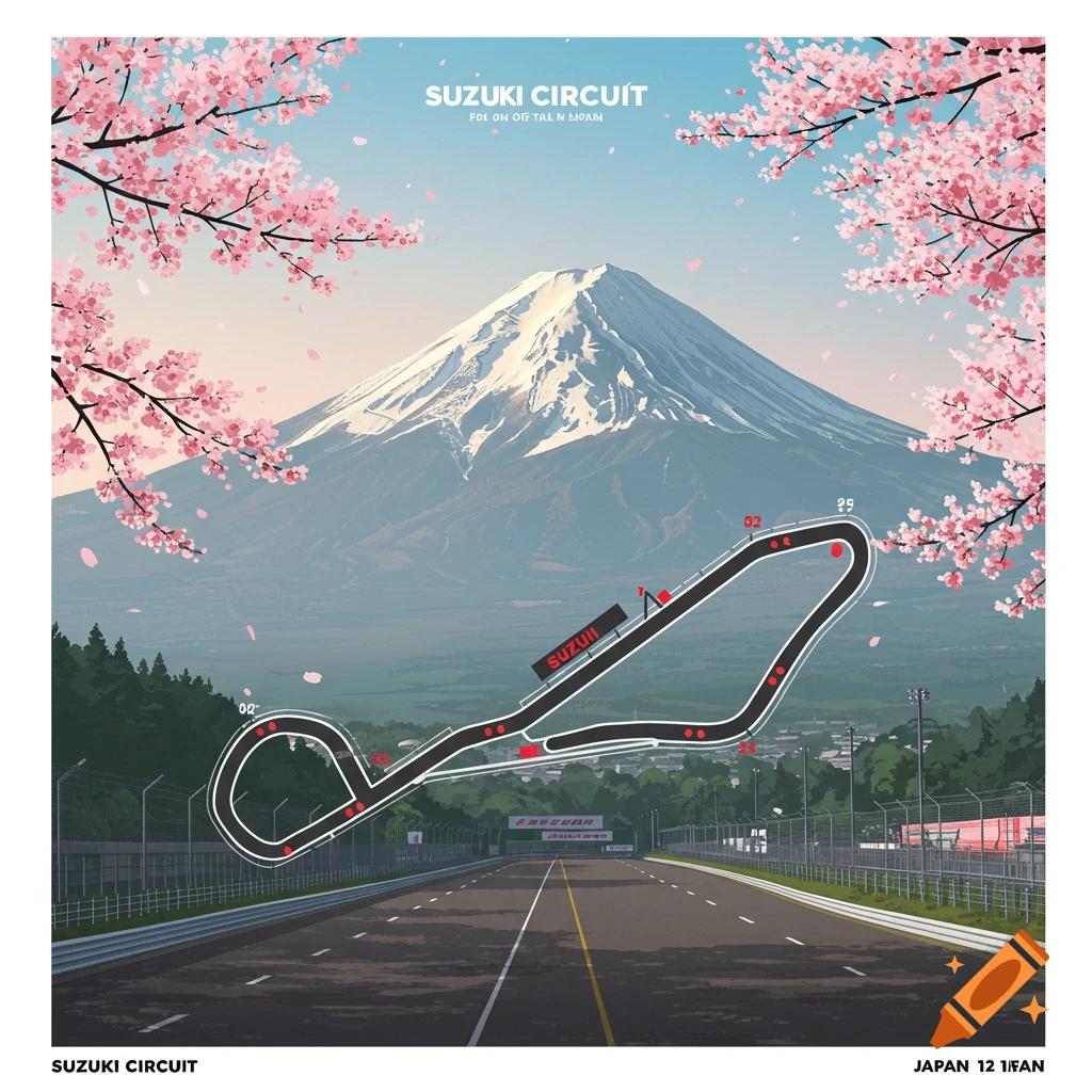 Illustration poster of Suzuki Circuit race track with Mount Fuji and cherry blossoms.
