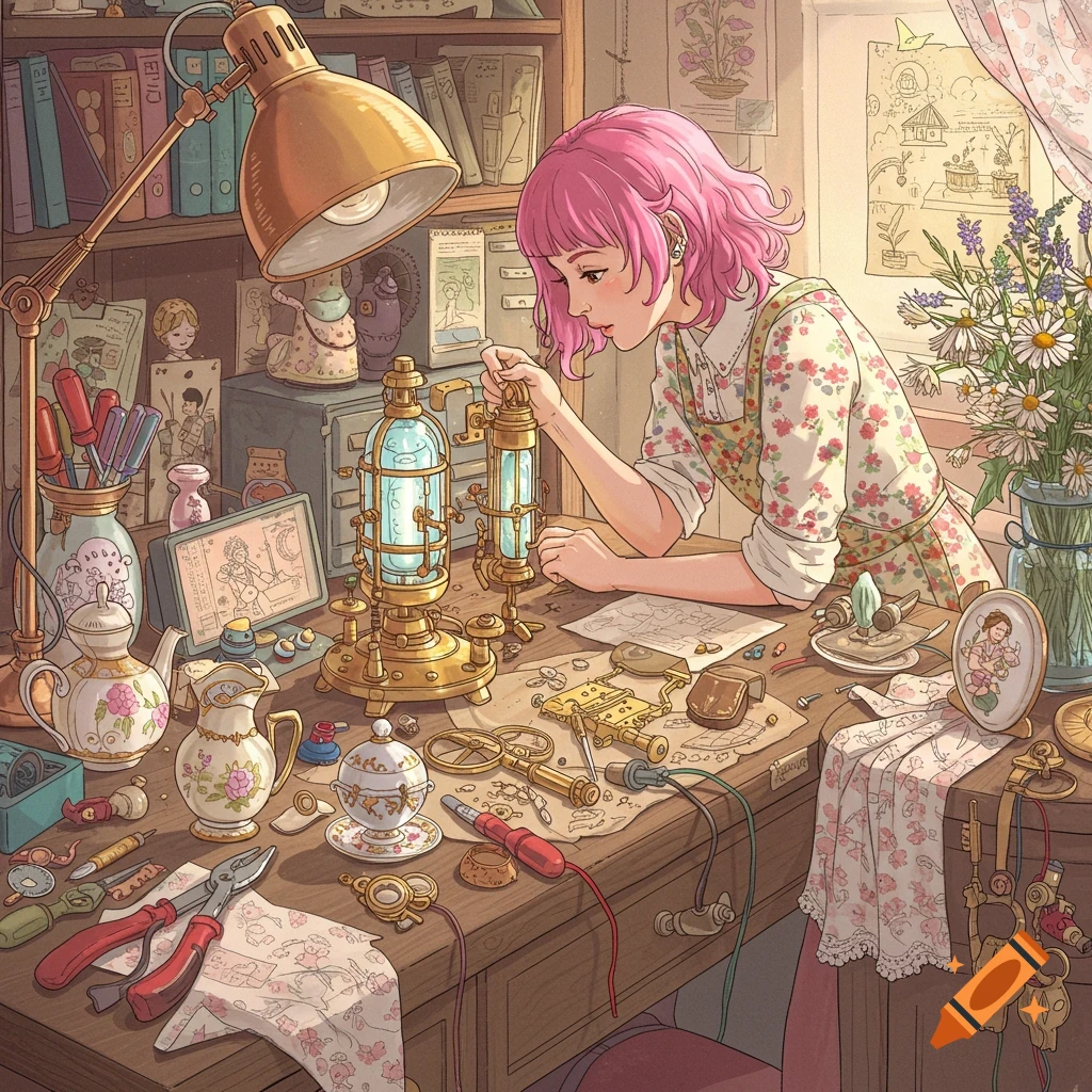 A girl with pink hair working at a cluttered inventor's desk with various tools and strange devices.