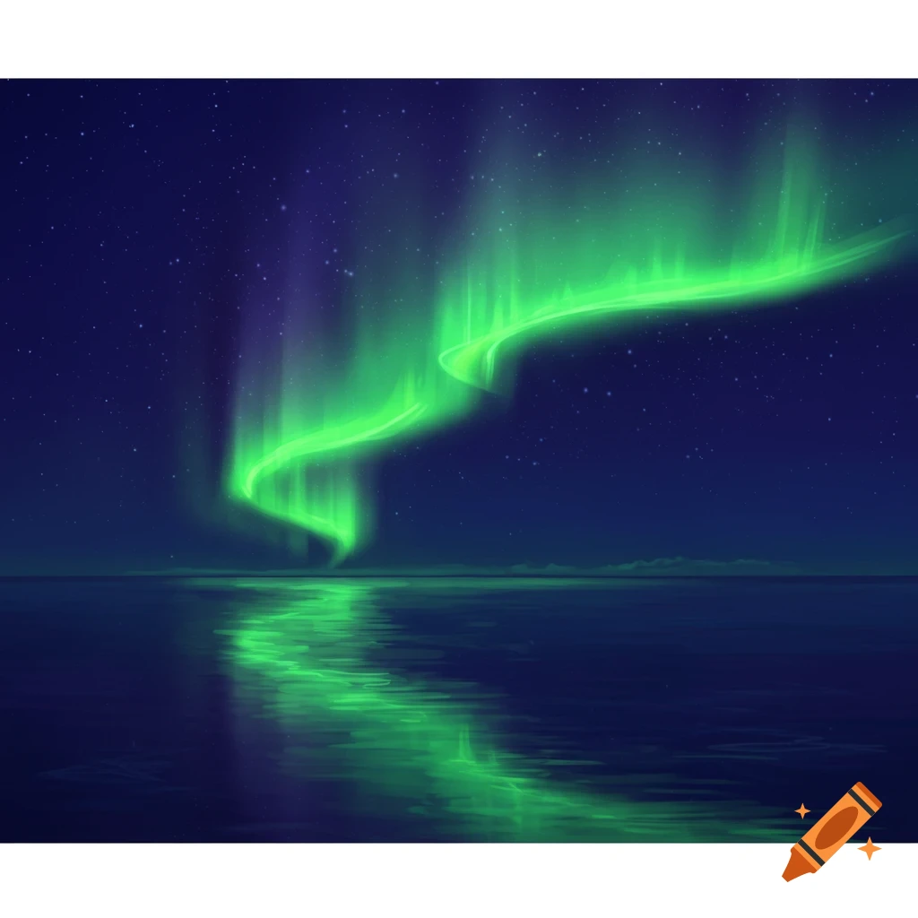Vibrant green aurora borealis reflected in dark water under a starry night sky.