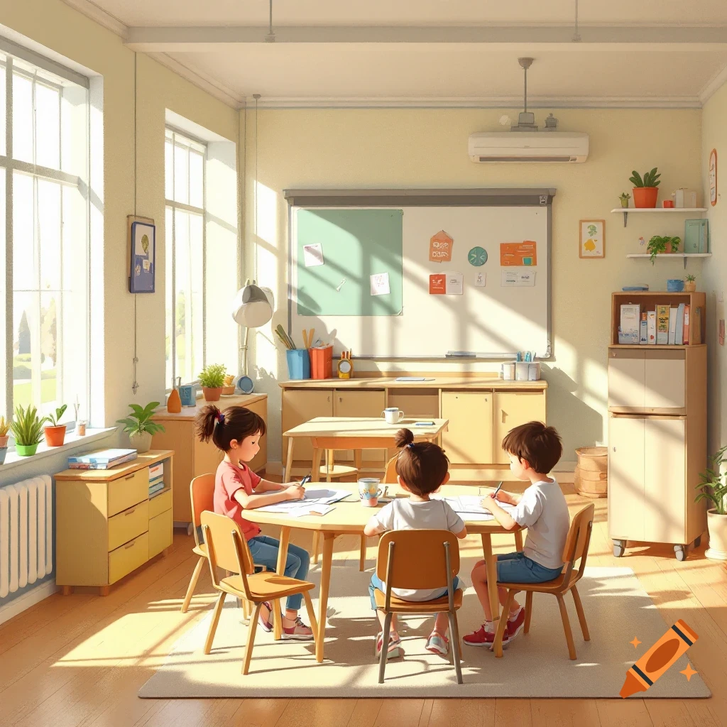 Three children working at a table in a sunny classroom.