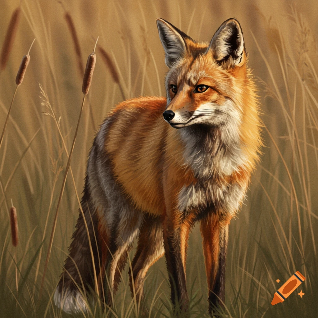 A red fox stands in tall reeds, looking to the right.