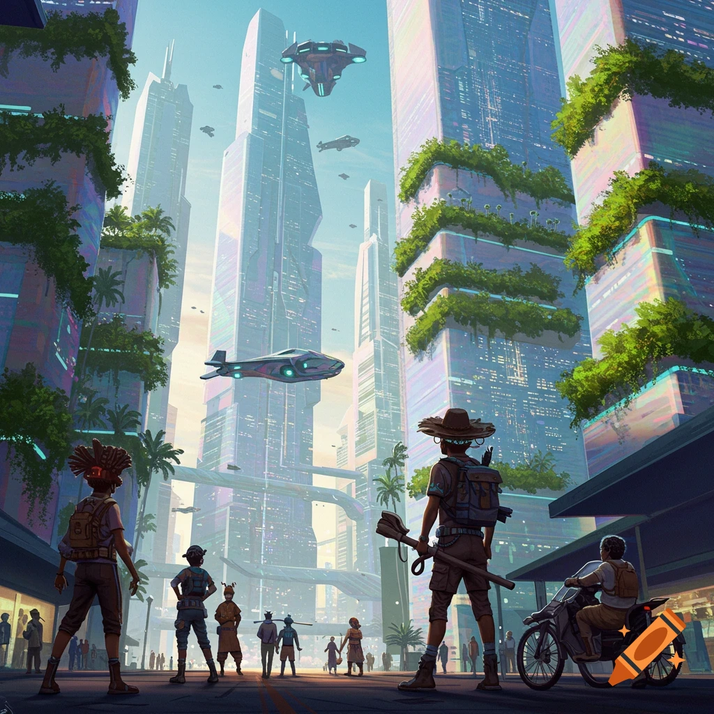People are walking in a futuristic city with tall buildings and flying vehicles.