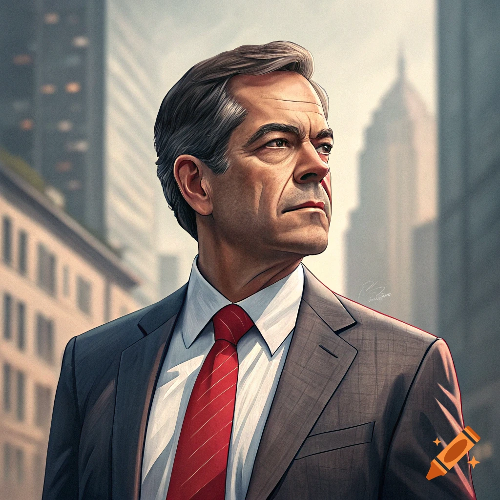 Illustrative portrait of a serious man in a suit and red tie standing in a city environment.