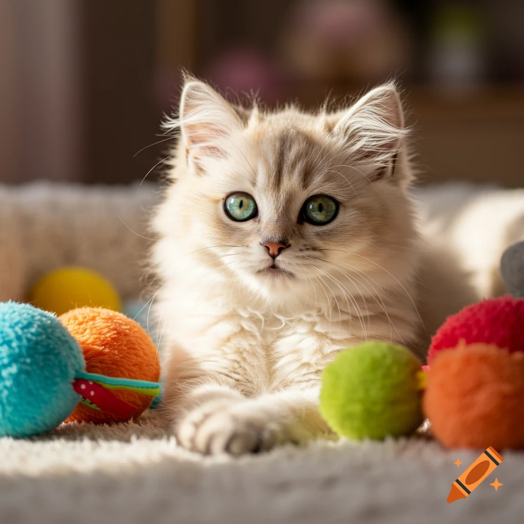 A fluffy kitten with green eyes lies among colorful toys in sunlight.
