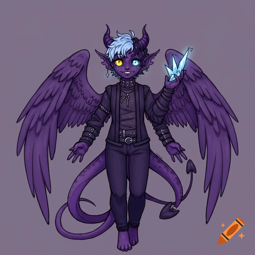A purple-skinned demon character with wings, horns, mismatched yellow and blue eyes, wearing dark clothes and holding a glowing crystal.