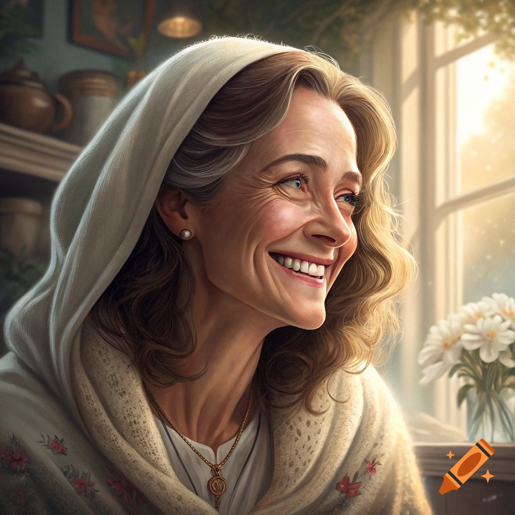Close-up portrait of a smiling older woman in a head covering, seated near a sunny window.