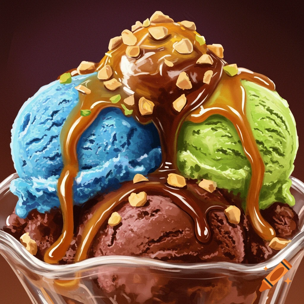 A sundae with scoops of blue, green, and brown ice cream topped with caramel and nuts.