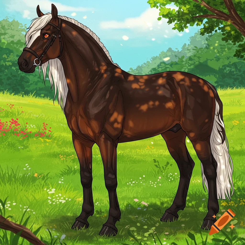 A spotted brown horse stands in a grassy field.
