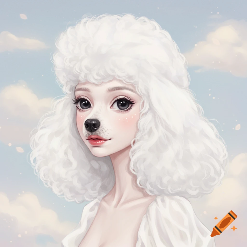 A human-poodle hybrid creature with curly white fur as hair, against a cloudy sky.